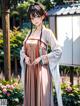 A woman in a traditional chinese dress standing in a garden.