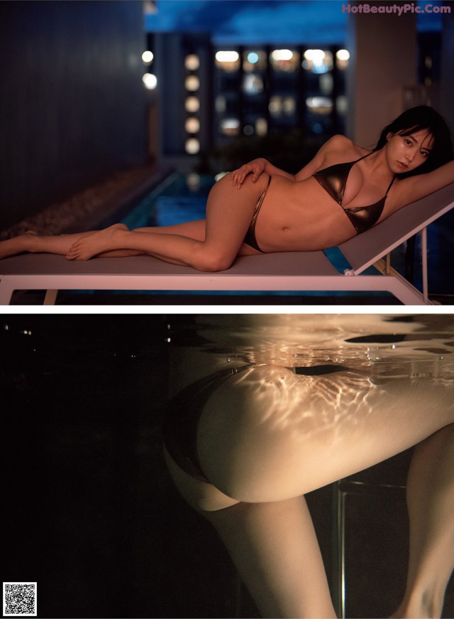 A woman in a bikini laying on a lounge chair next to a pool.