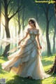 A woman in a wedding dress walking through a forest.