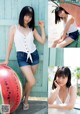 A woman in shorts and a white tank top posing next to a watermelon.