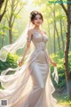 A woman in a wedding dress walking through a forest.